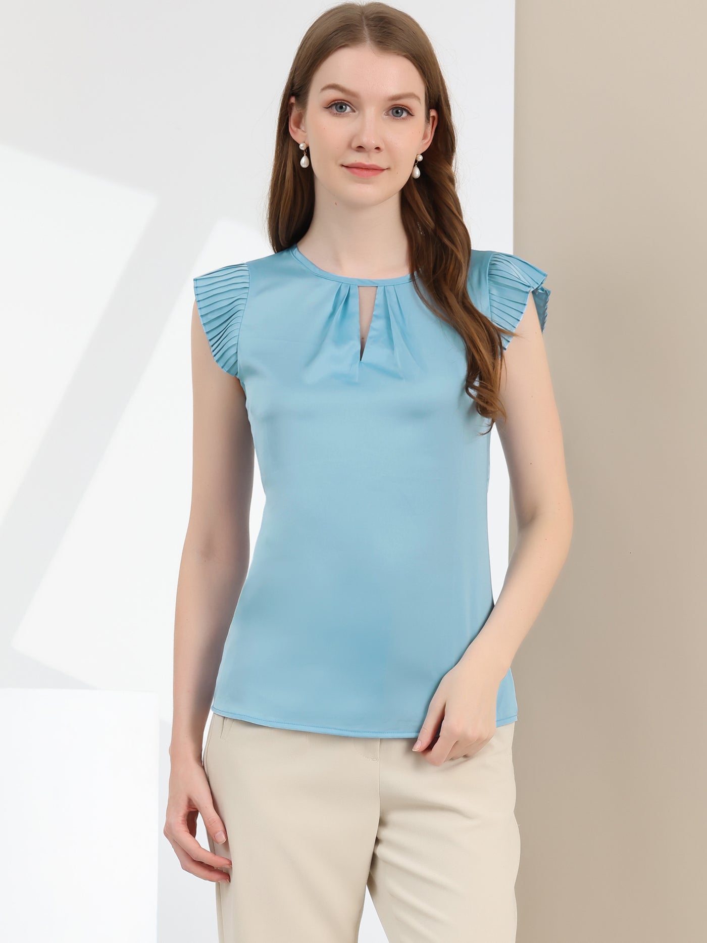 Allegra K Satin Work Office Top Cut Out Keyhole Back Pleated Cap Sleeve Blouse