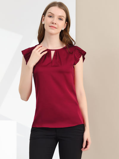 Satin Work Office Top Cut Out Keyhole Back Pleated Cap Sleeve Blouse