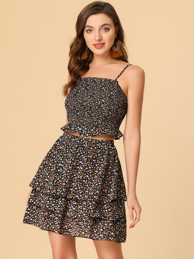 Allegra K Summer 2 Piece Outfit Dress Cami Crop Top Tiered Floral Skirt Set