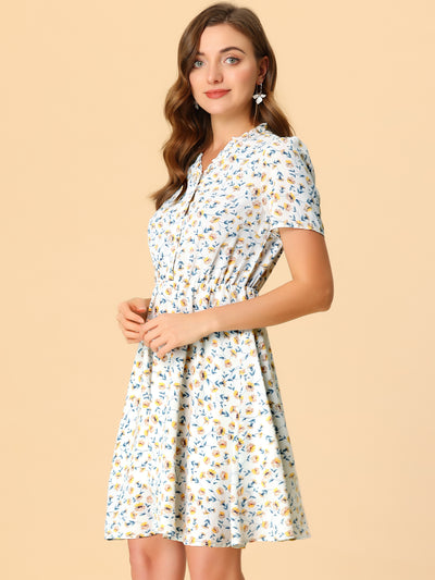 Allegra K Floral Print Ruffle V Neck Buttoned Short Sleeve Summer Dress
