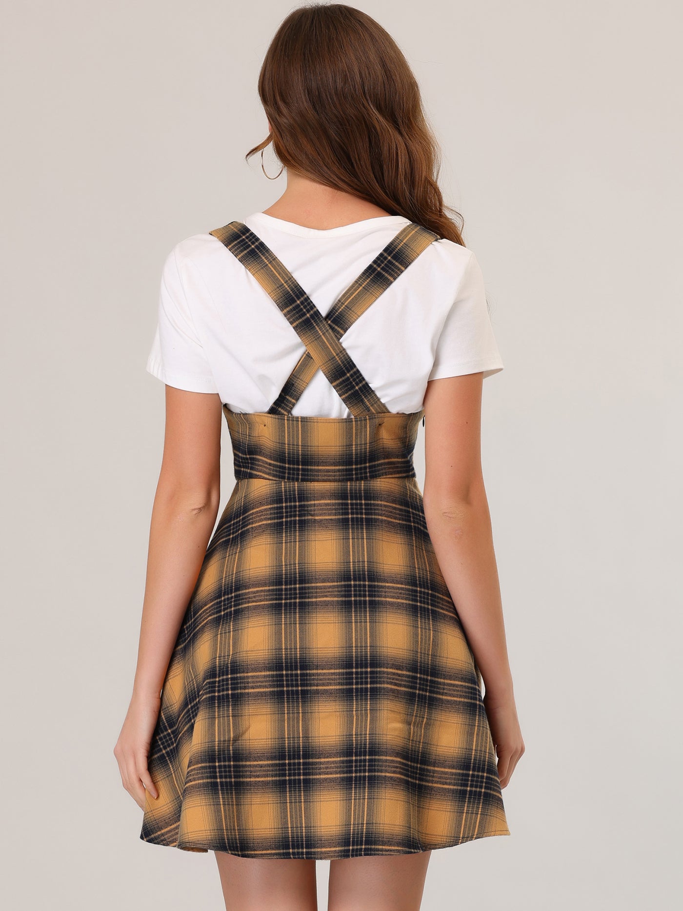 Allegra K Plaid Retro U Neck Sleeveless Pinafore Overall Suspender Skirt