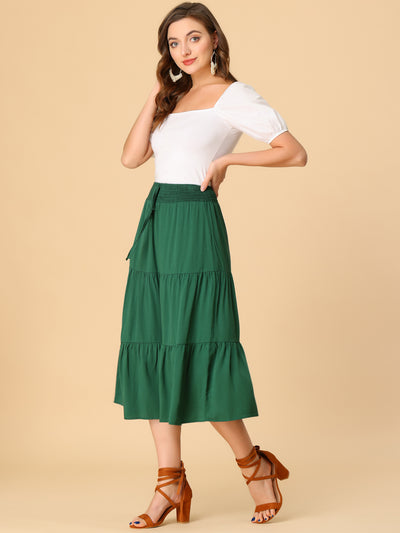 Boho High Waist Swing A-Line Tiered Midi Skirt