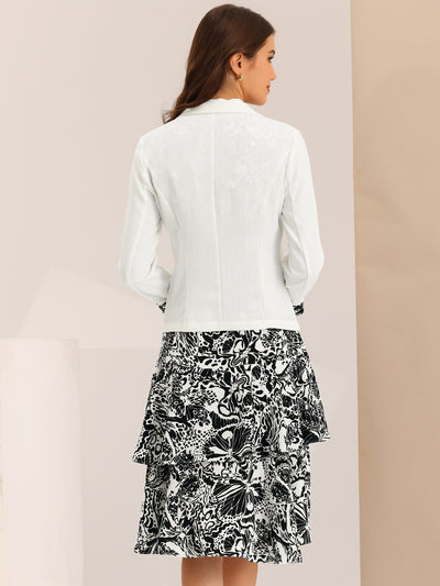 Work Bow Print Contrast Panel 2pc Sets Chiffon V Neck Jacket Dress