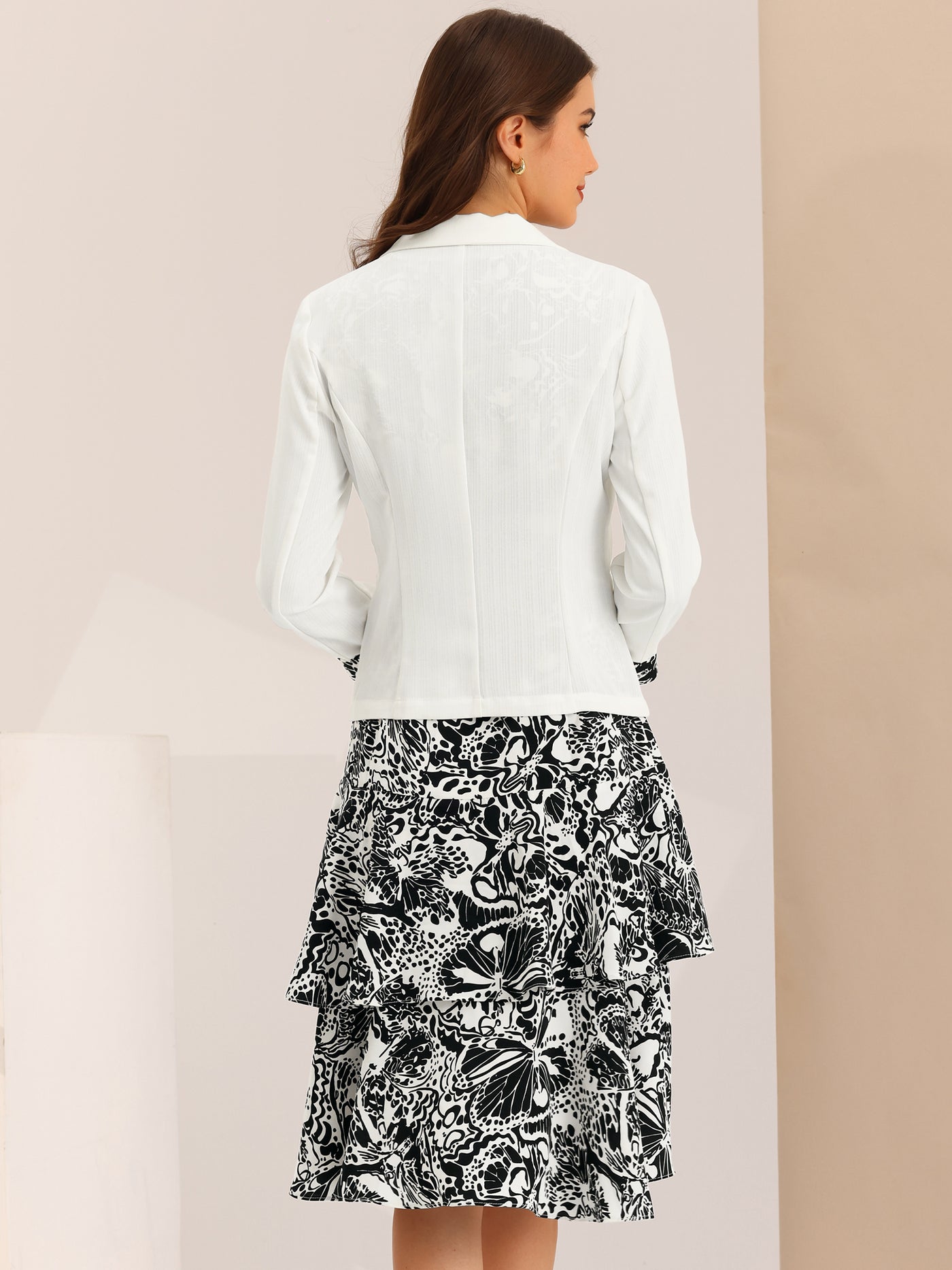 Allegra K Work Bow Print Contrast Panel 2pc Sets Chiffon V Neck Jacket Dress