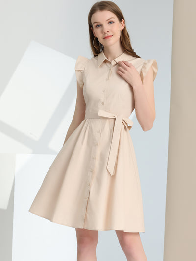 Office Ruffled Sleeve Belted Cotton Button Midi Shirt Dress