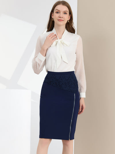 Knee Length Pencil Zip Slit Lace Panel High Waist Work Skirt
