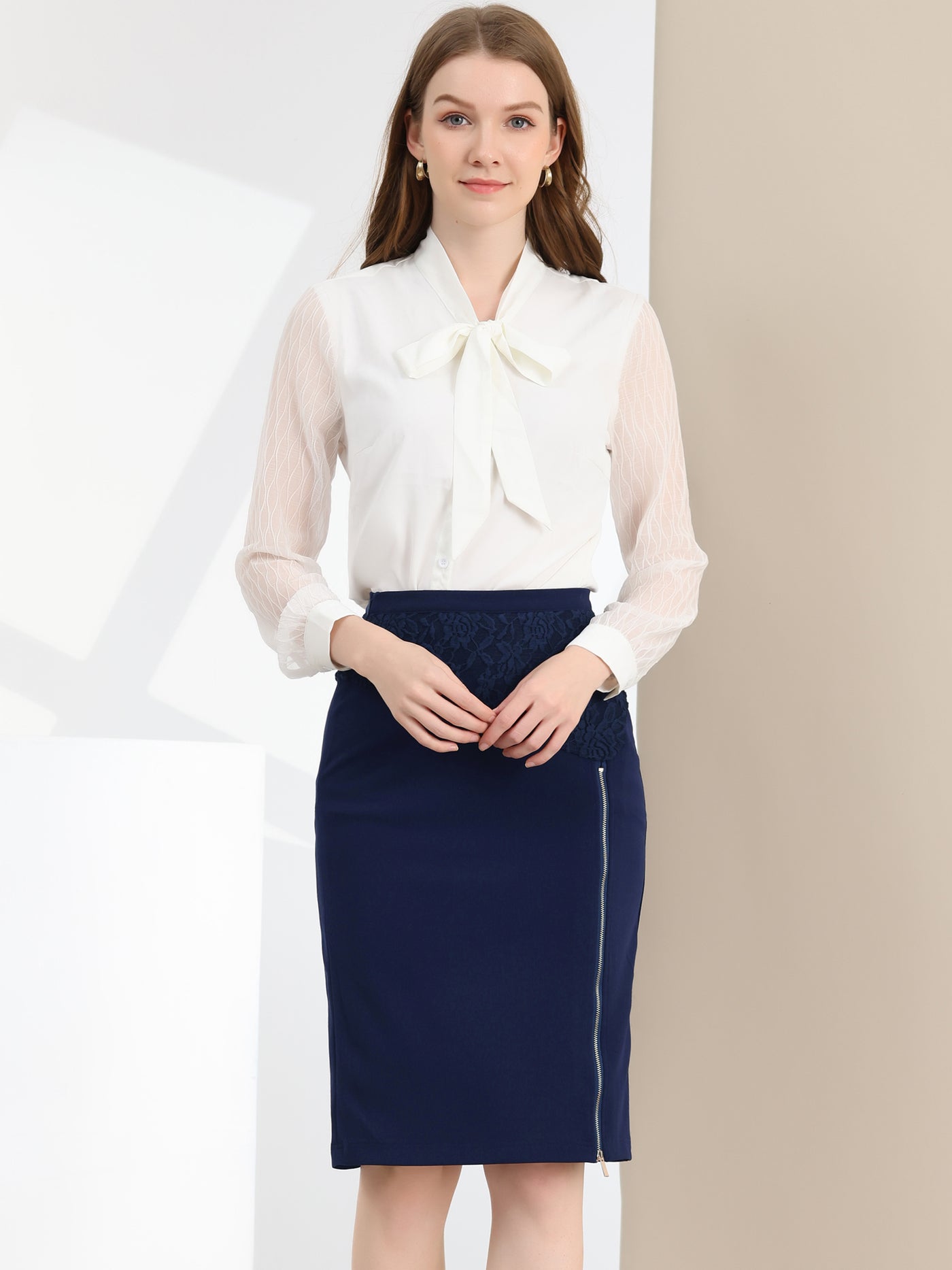 Allegra K Knee Length Pencil Zip Slit Lace Panel High Waist Work Skirt