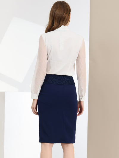 Knee Length Pencil Zip Slit Lace Panel High Waist Work Skirt