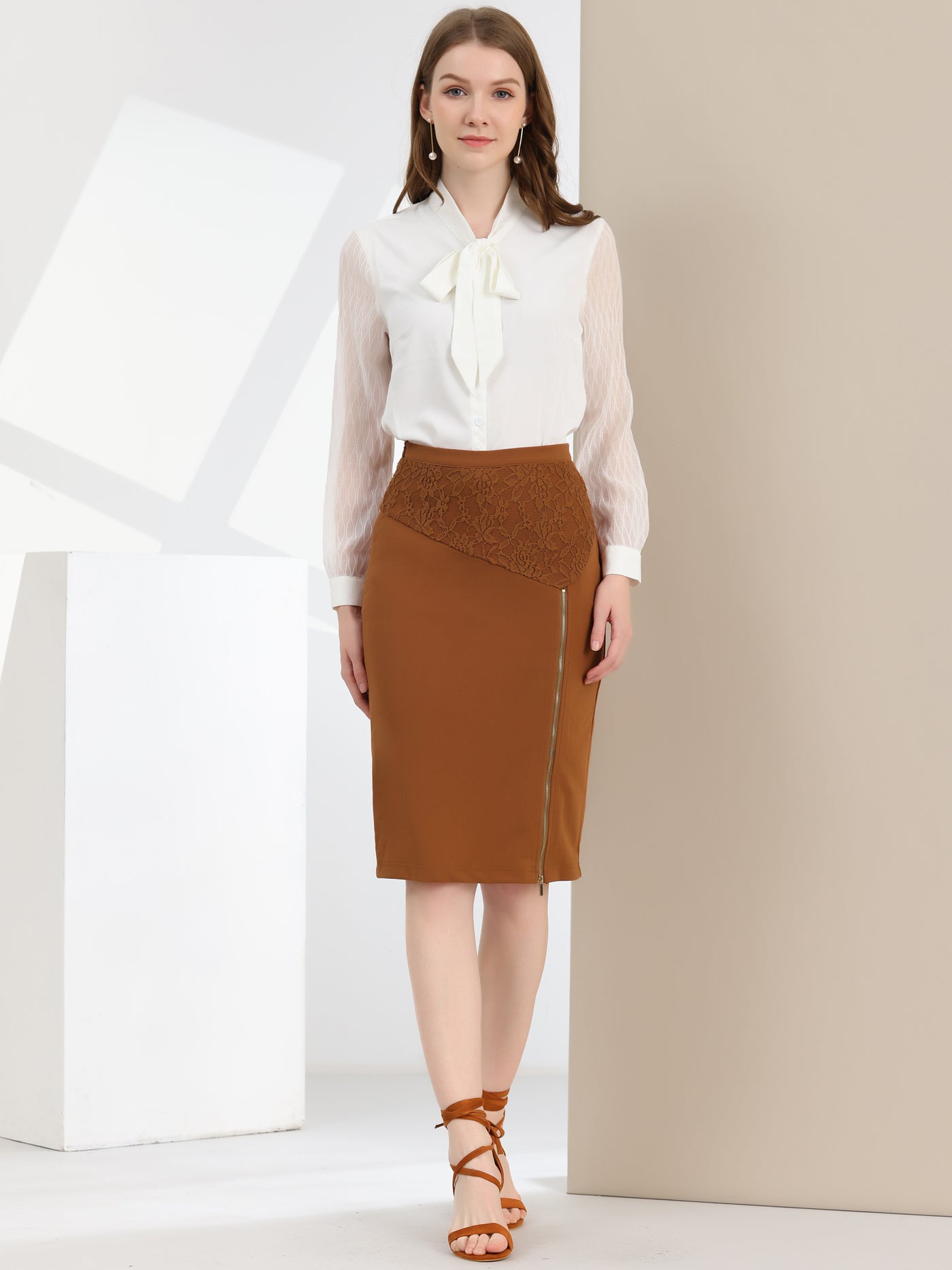 Allegra K Knee Length Pencil Zip Slit Lace Panel High Waist Work Skirt