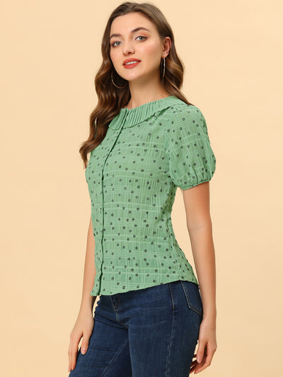 Button Down Short Sleeve Shirt Pleated Collar Floral Blouse