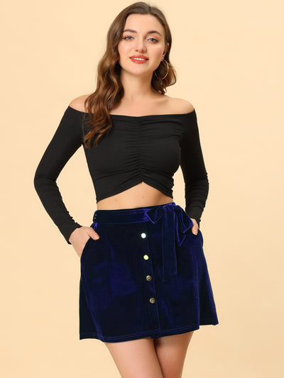 High Waist Button Decor A-Line Skater Velvet Mini Skirt