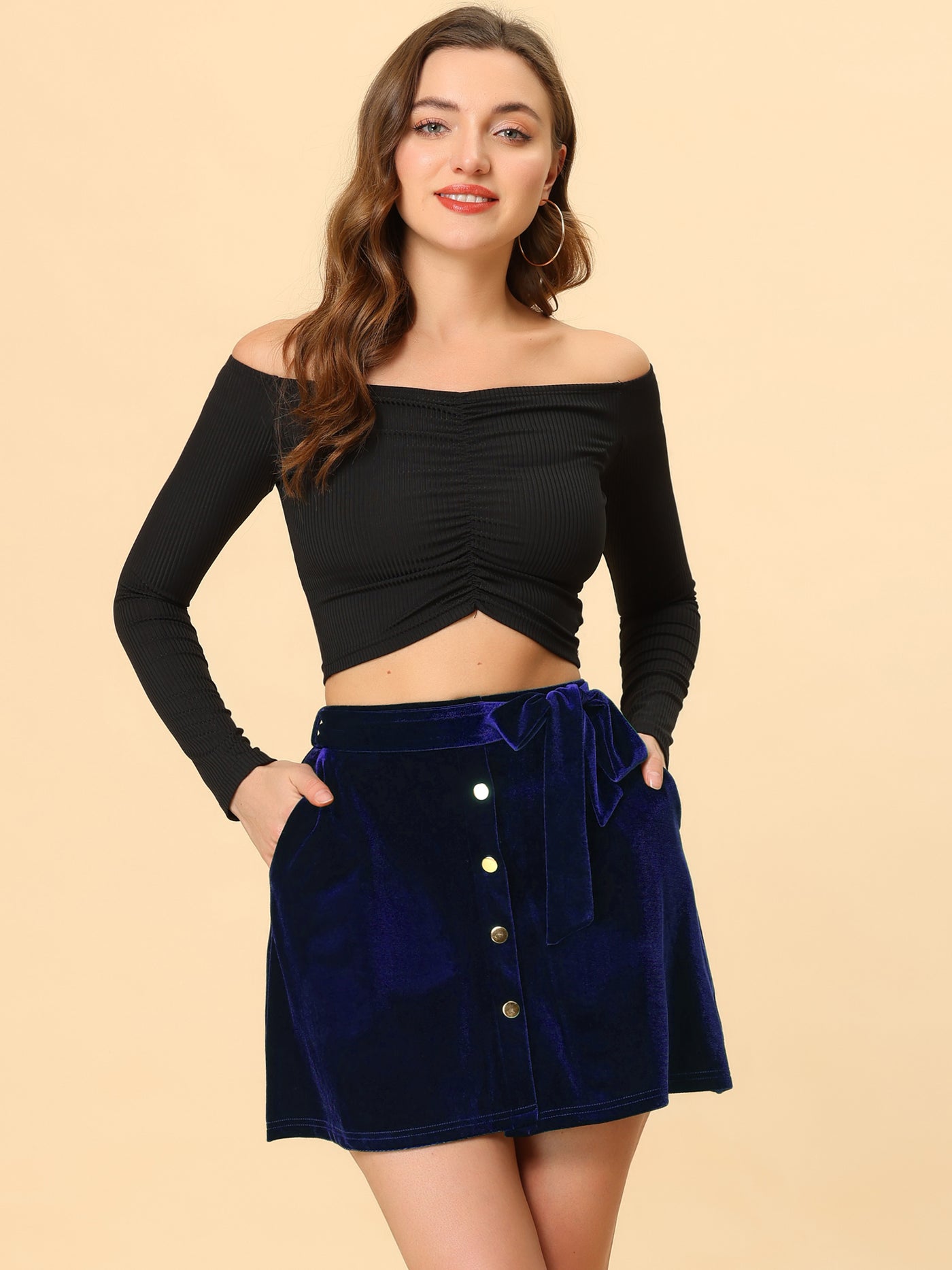 Allegra K High Waist Button Decor A-Line Skater Velvet Mini Skirt