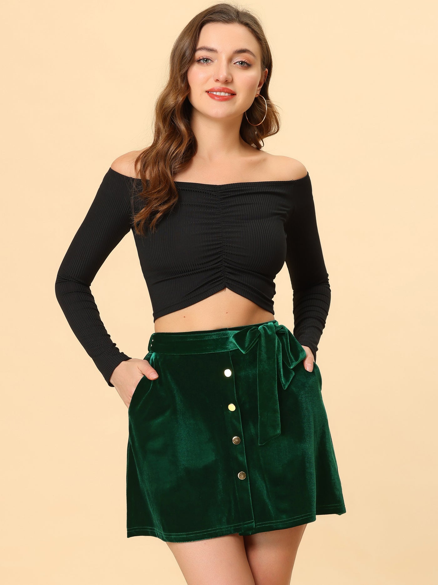 Allegra K High Waist Button Decor A-Line Skater Velvet Mini Skirt