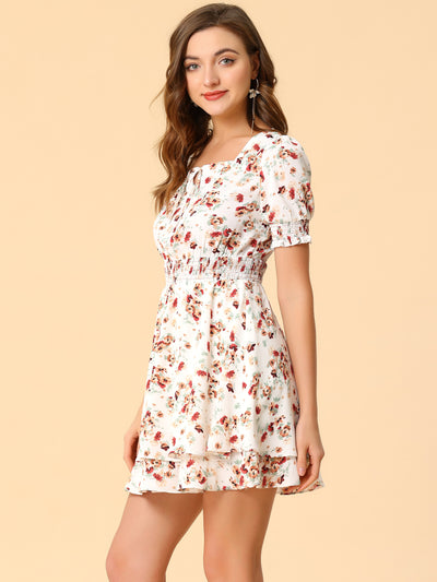 Floral Smocked Square Neck with Self-Tie A-Line Flowy Mini Dress