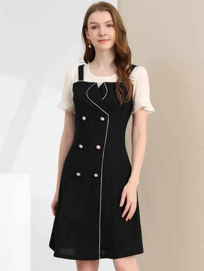 Allegra K Contrast Button Decor Short Sleeve Chiffon Summer Dress