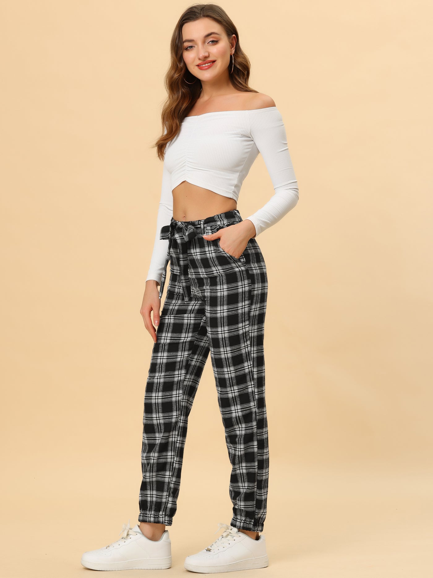 Allegra K Plaid Sweatpants Tapered Tie High Waisted Tartan Pants with Pockets