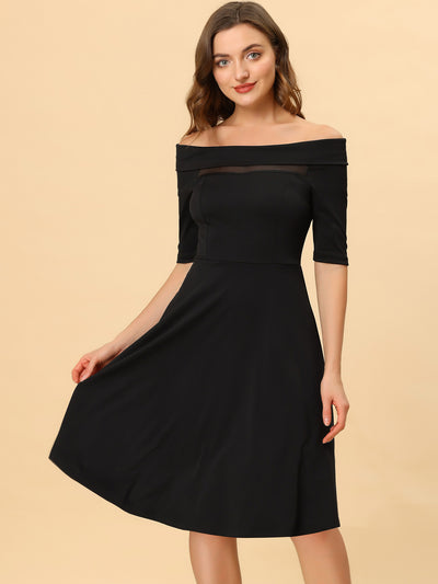 Christmas Party Off Shoulder Stretch Mesh Panel Midi Dress