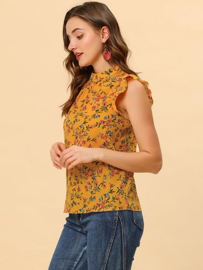 Ruffle Sleeveless Blouse Casual Stand Collar Summer Floral Tank Tops