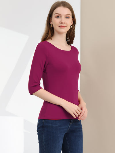 Casual Boat Neck Elbow Sleeve Solid Basic T-shirt