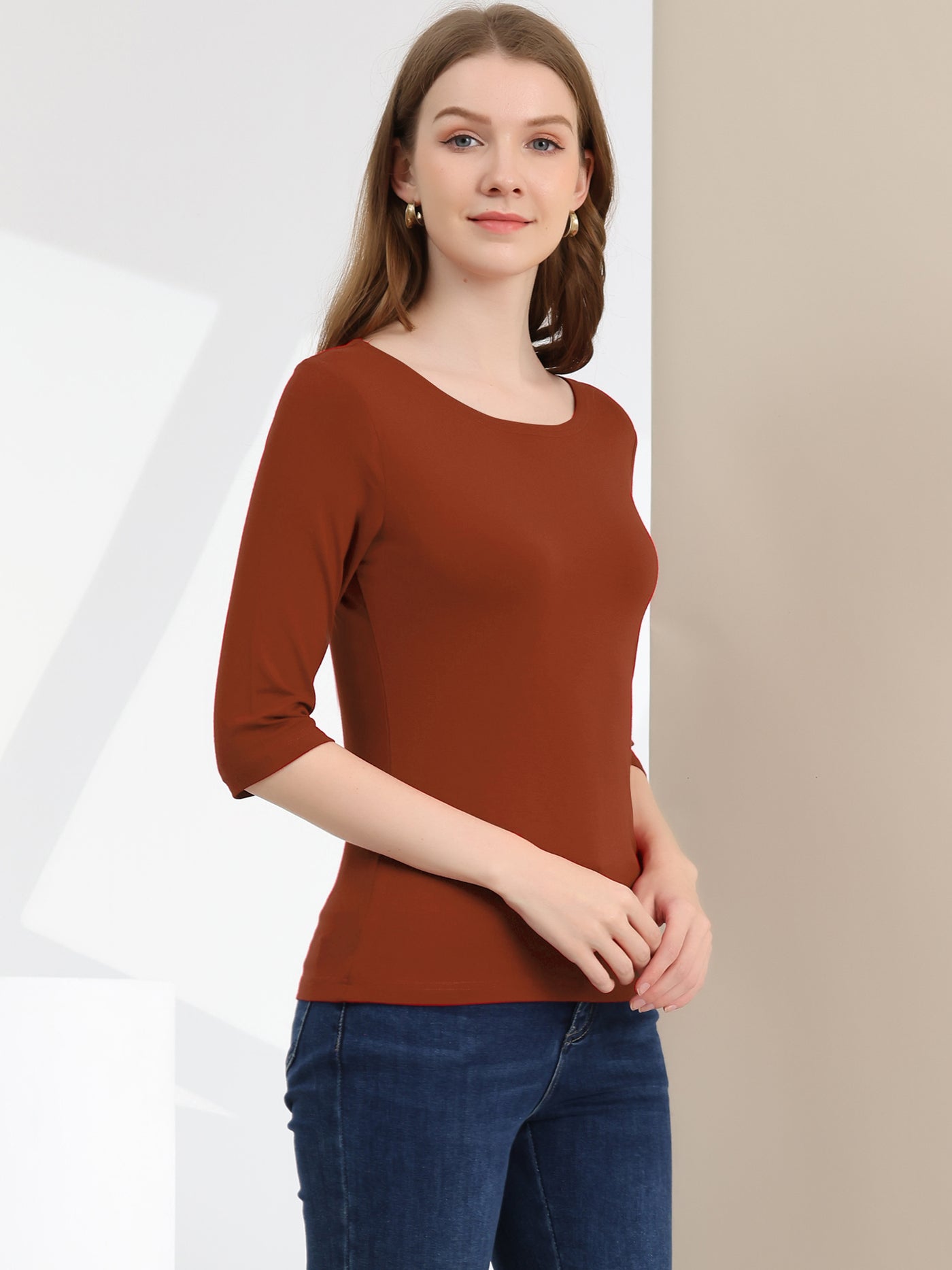 Allegra K Casual Boat Neck Elbow Sleeve Solid Basic T-shirt