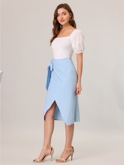 Allegra K Split Belted Tie Waist Midi Pencil Skirt