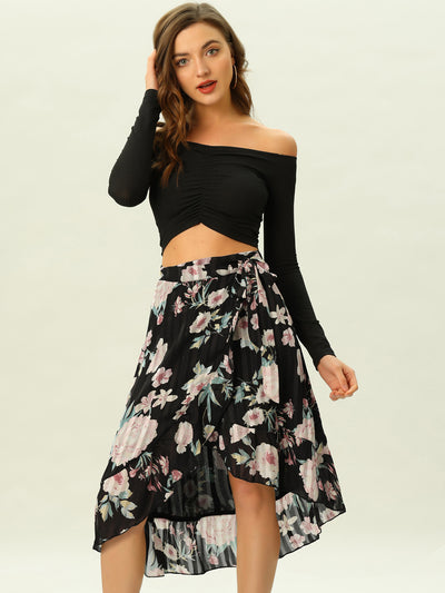 Allegra K Flowy Summer Chiffon Ruffle Hem High Low Floral Wrap Skirt
