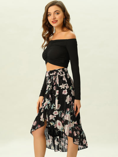 Flowy Summer Chiffon Ruffle Hem High Low Floral Wrap Skirt