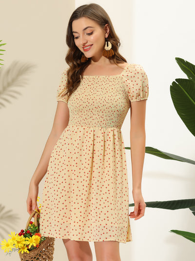 Allegra K Smocked Short Sleeve Summer Chiffon A-Line Floral Square Neck Dress