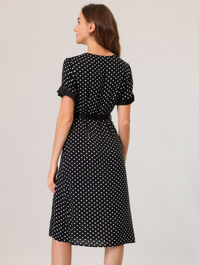 Polka Dots V Neck Split Button Decor Belted Summer Dress