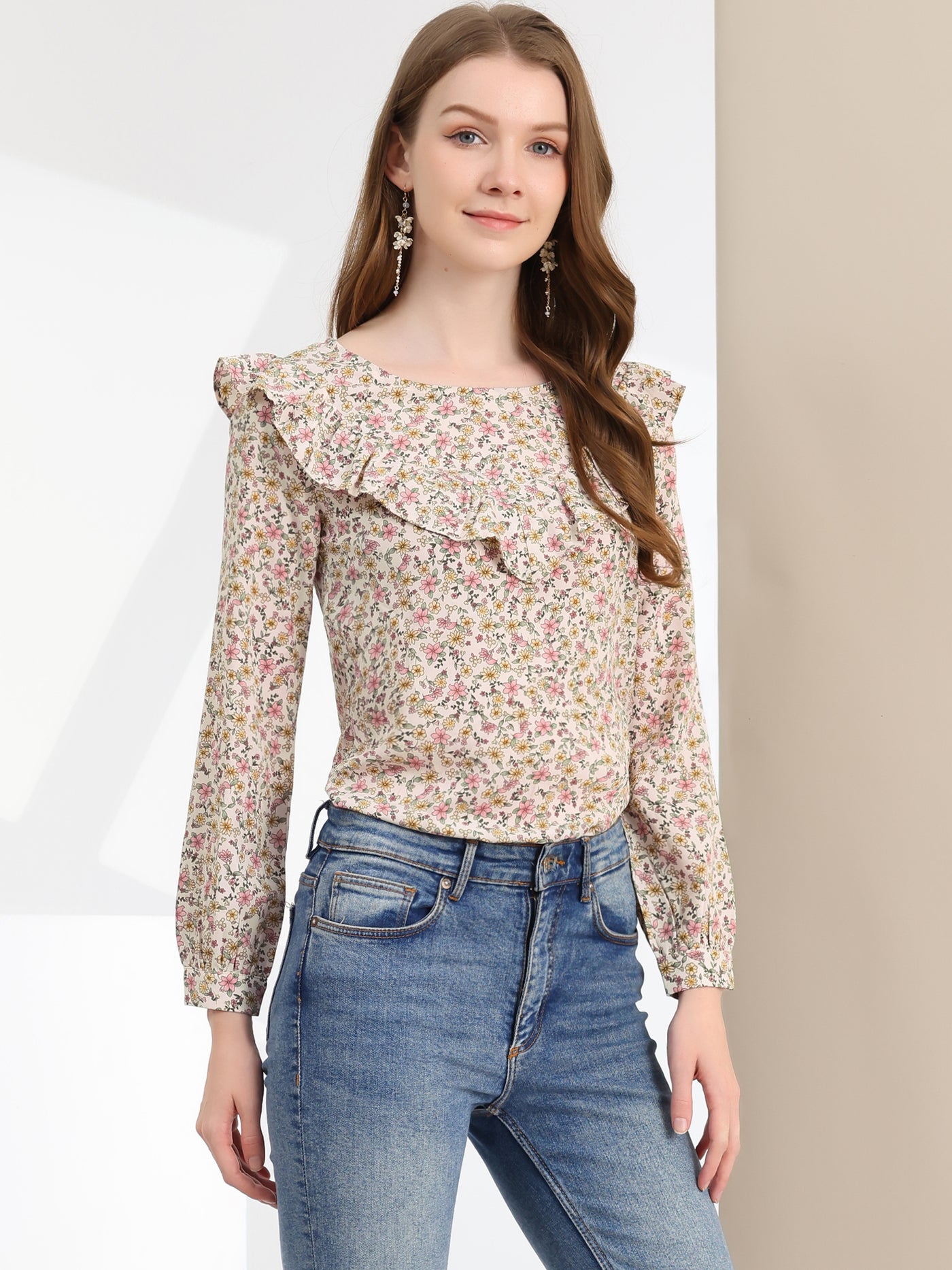 Allegra K Floral Top Long Sleeve Round Neck Vintage Ruffle Blouse