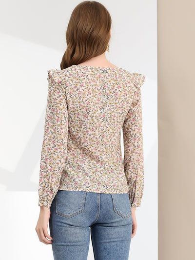 Floral Top Long Sleeve Round Neck Vintage Ruffle Blouse