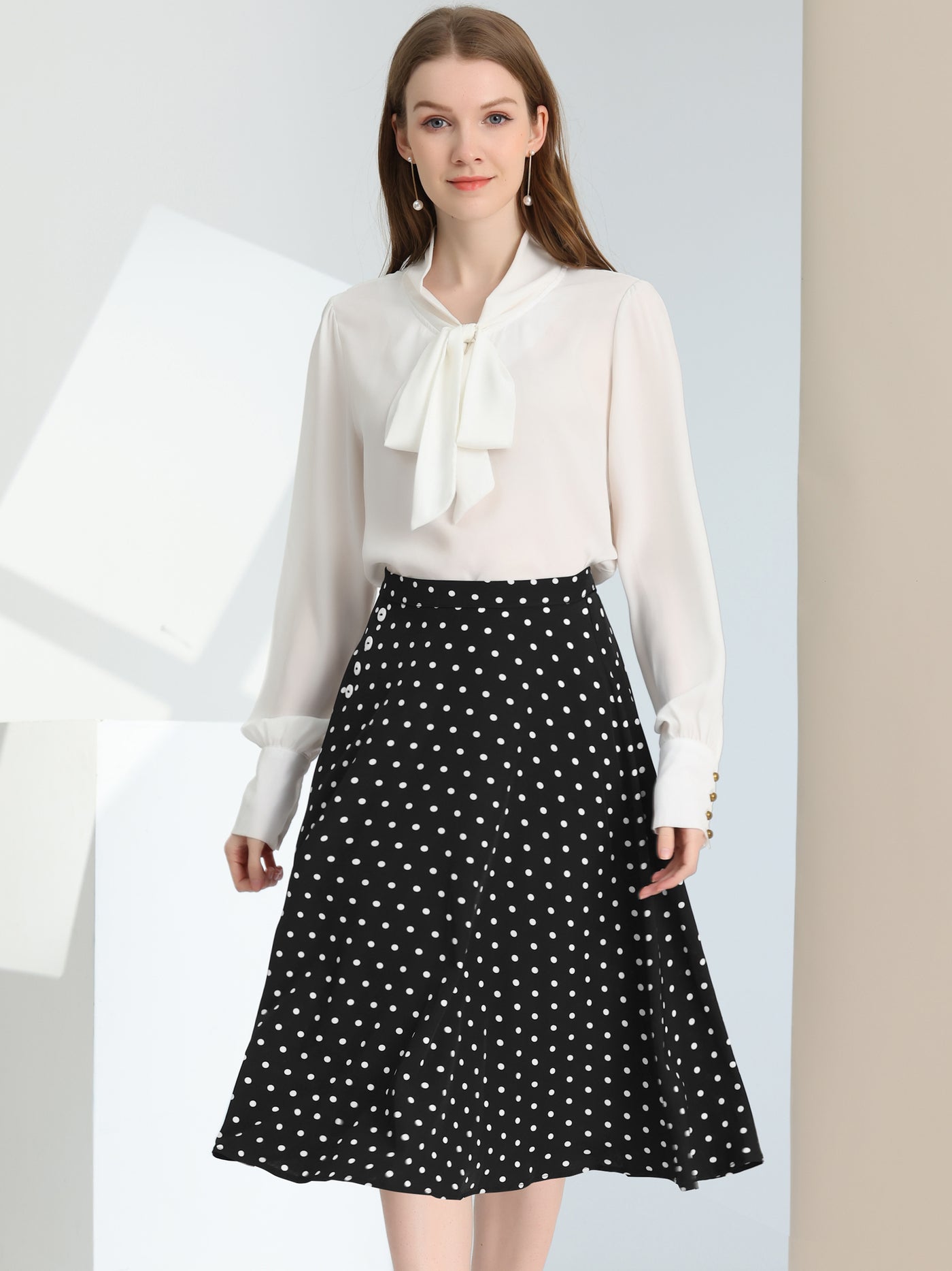 Allegra K Retro Polka Dot Elastic Waist Vintage A-Line Midi Skirt