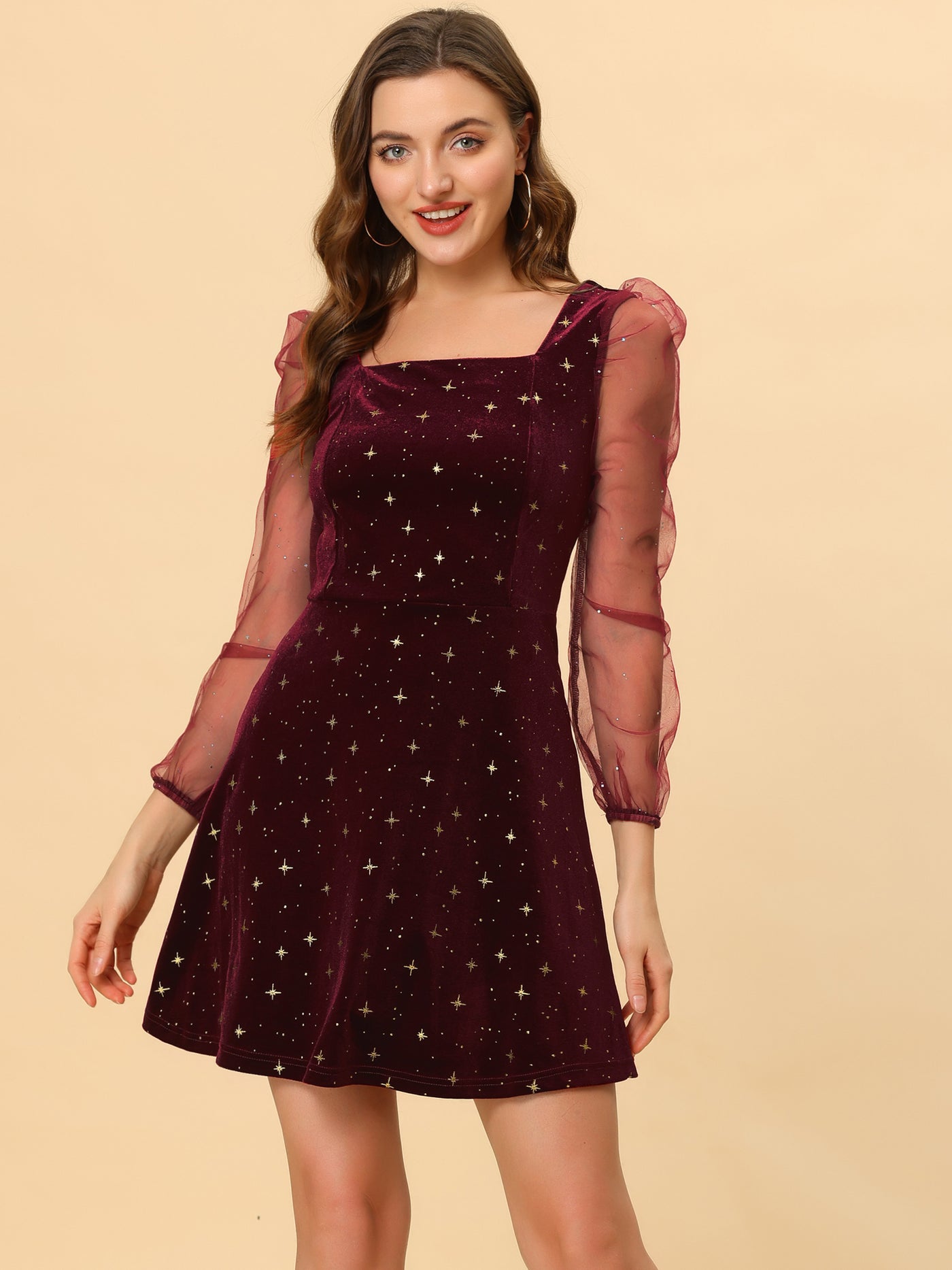 Allegra K Puff Long Sleeve Square Neck Glitter Star Mini Velvet Dress