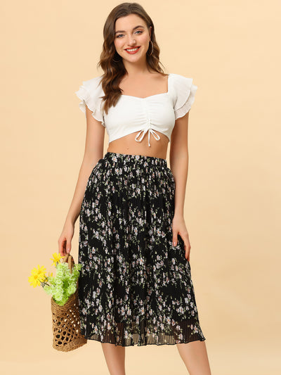 Floral Printed Elastic Waist Chiffon Peasant Pleated Skirt