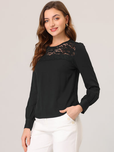 Lace Panel Top Round Neck Long Sleeve Solid Color Tops
