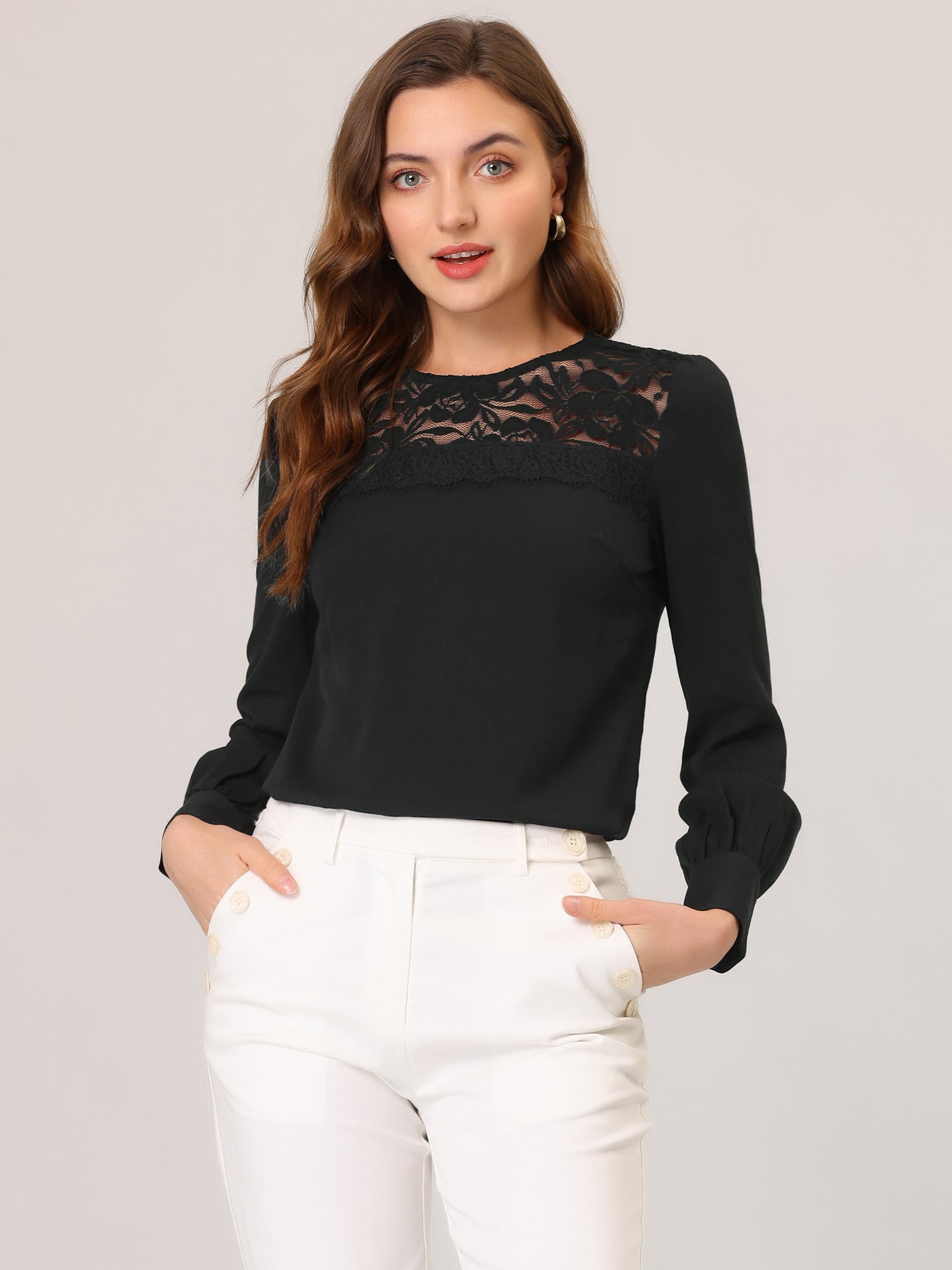 Allegra K Lace Panel Top Round Neck Long Sleeve Solid Color Tops