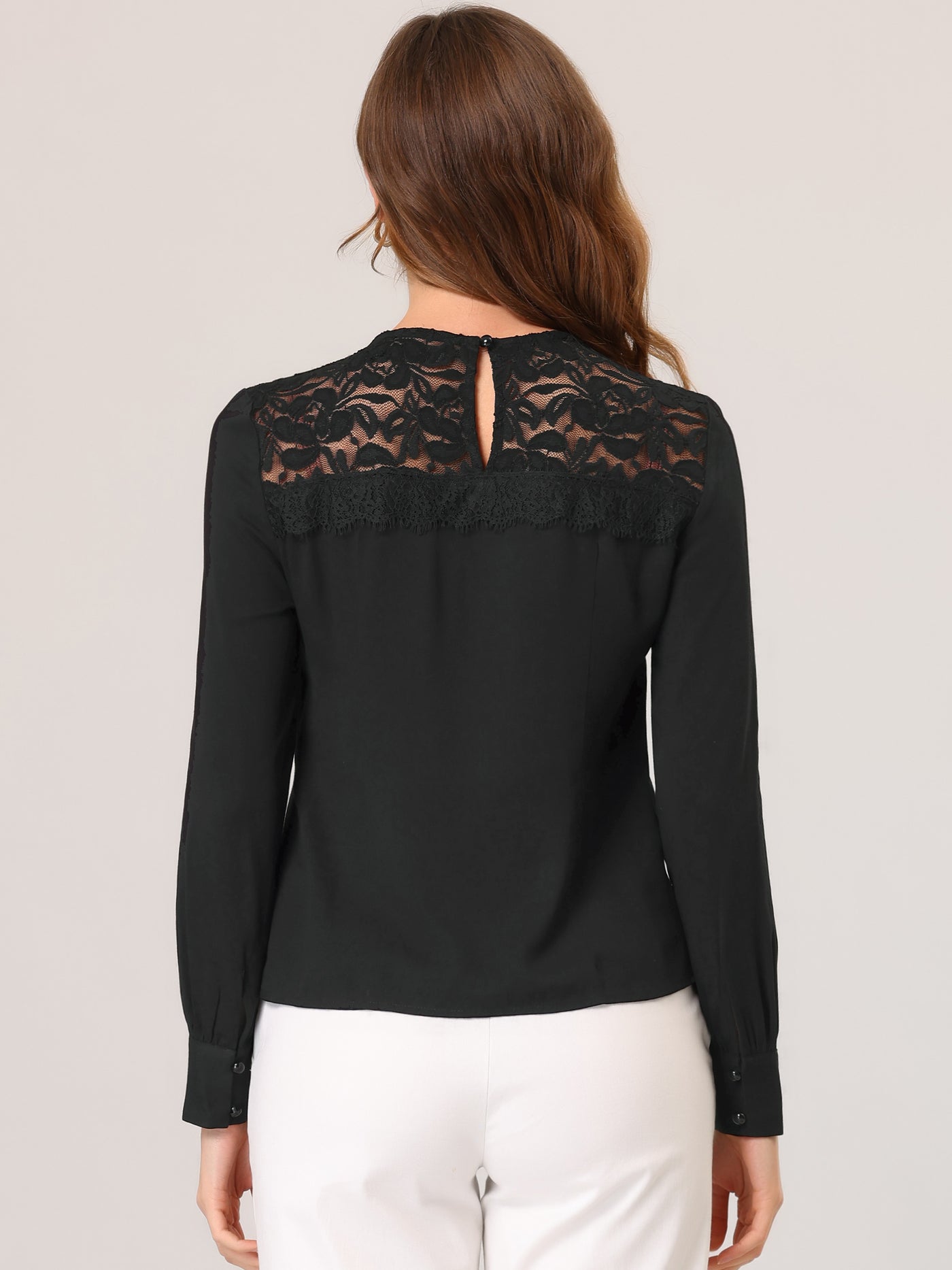 Allegra K Lace Panel Top Round Neck Long Sleeve Solid Color Tops