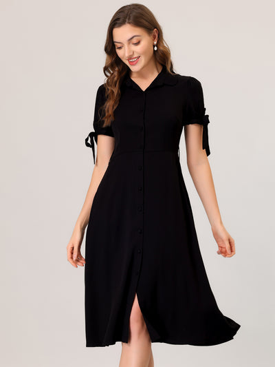 Casual Short Sleeve Pocket Belted Button Down Midi Shirt Dress