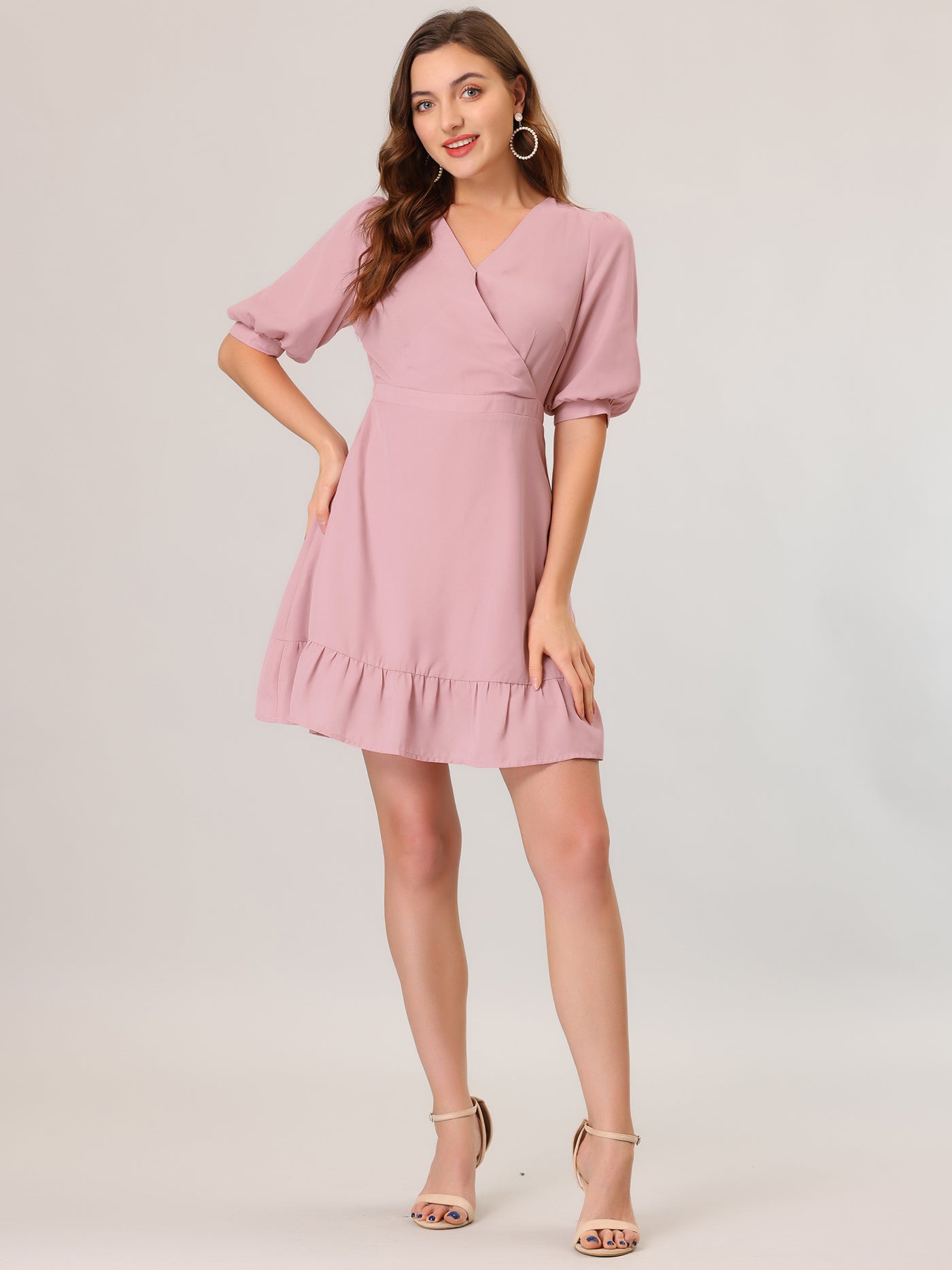 Allegra K Chiffon Puff Short Sleeve Ruffled Hem A-Line Mini Dress