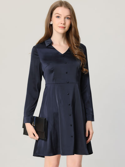 Allegra K Work Smooth Silky Elegant Button Decor A-Line Satin Dress