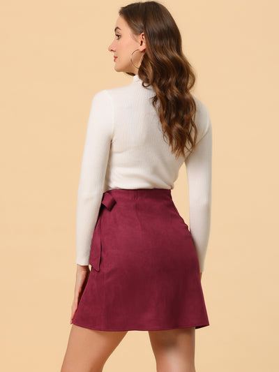 Faux Suede Tie Waisted A-Line Wrap Mini Short Skirt