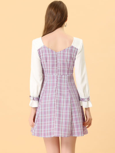 Plaid Sweetheart Neck Elegant Button Decor A-Line Party Mini Dress