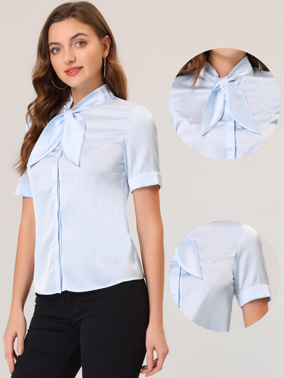Work Tie Neck Short Sleeve Satin Elegant Button Down Shirt