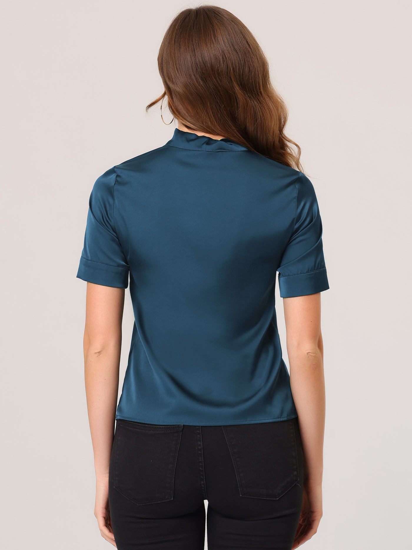 Allegra K Work Tie Neck Short Sleeve Satin Elegant Button Down Shirt