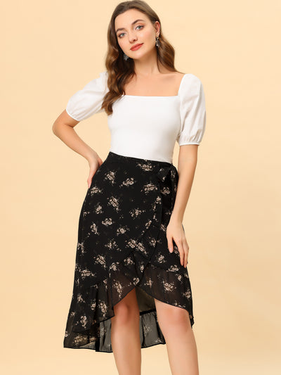 Flowy Summer Chiffon Ruffle Hem High Low Floral Wrap Skirt