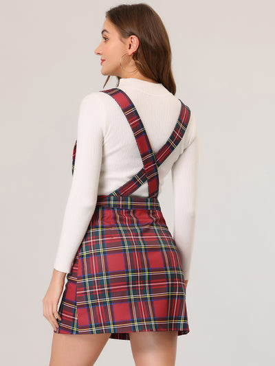 Plaid Overall Dress V Neck Mini Pinafore Suspender Skirt