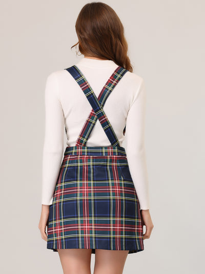 Plaid Overall Dress V Neck Mini Pinafore Suspender Skirt