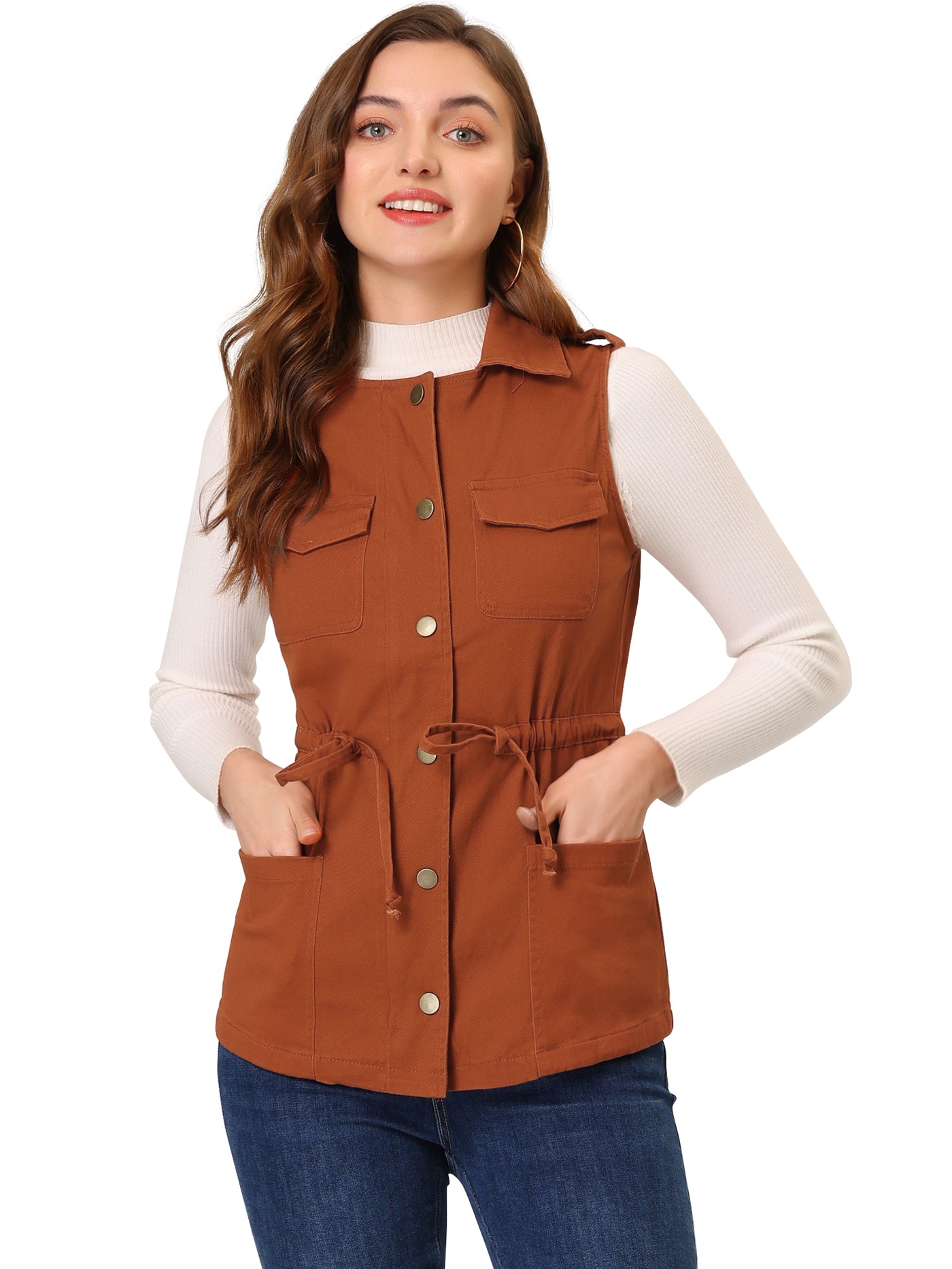 Allegra K Zip Up Sleeveless Jacket Utility Anorak Outwear Cargo Vest