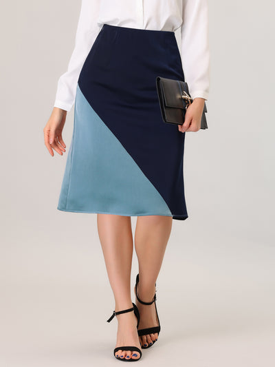 Satin Contrast Color High Waist A-Line Work Office Skirt