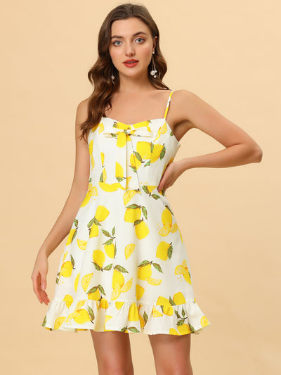 Ruffle Bow Knot Mini Sundress Lemon Spaghetti Strap Dress